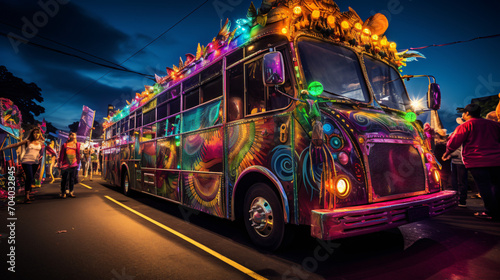 A colorful parade bus and a decorative themed car in a festive street celebration.