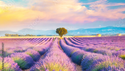 Vibrant purple lavender fields under golden sunlight in Valensole, France, evoking serenity and beauty