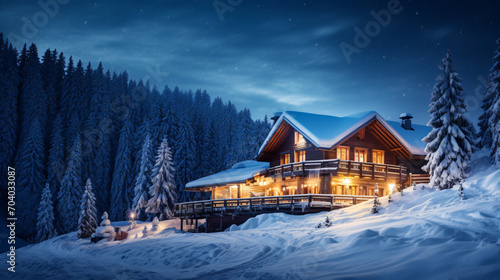 A cozy alpine ski lodge nestled in a snowy mountain landscape perfect for winter sports enthusiasts.