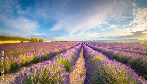 Vibrant purple lavender fields under golden sunlight in Valensole  France  evoking serenity and beauty