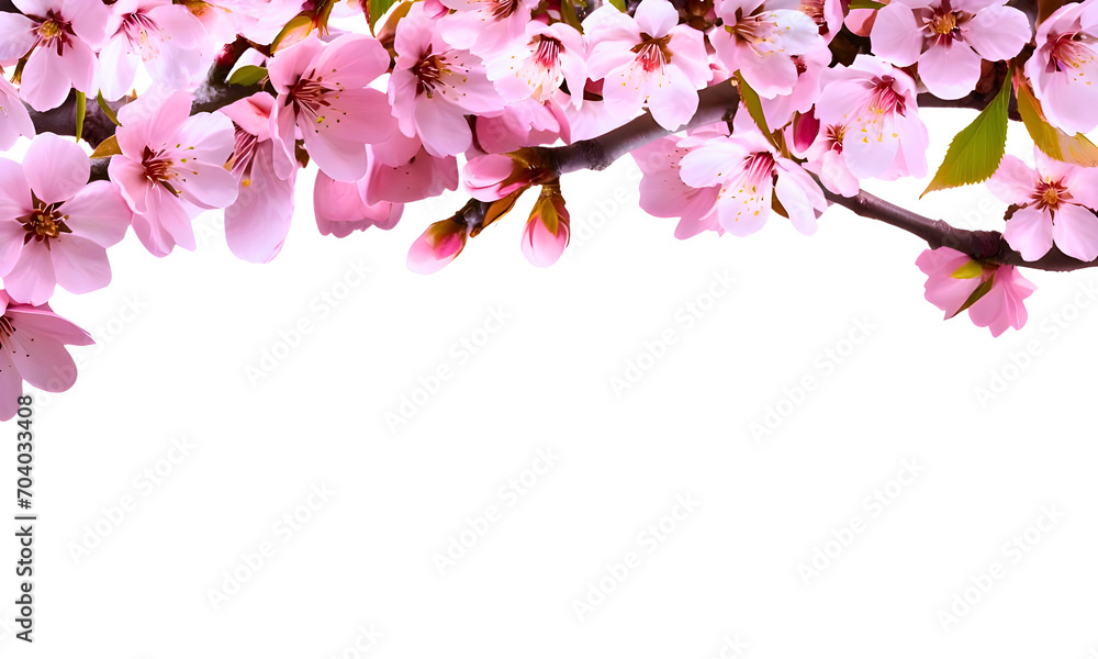  Pink spring cherry blossom flowers  isolated ona transparent background, flower branches frame with copy space in the middle, Floral border, PNG.
