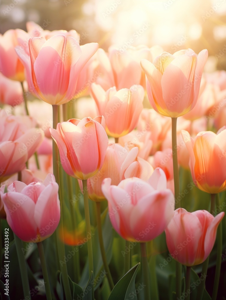  a field of pink and white tulips with the sun shining through the leaves of the flowers in the middle of the picture, in the middle of the middle of a field.