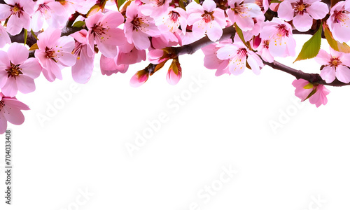  Pink spring cherry blossom flowers  isolated ona transparent background, flower branches frame with copy space in the middle, Floral border, PNG.  © mostafa