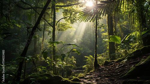A dense lush rainforest with sunlight filtering through the canopy. © Damian