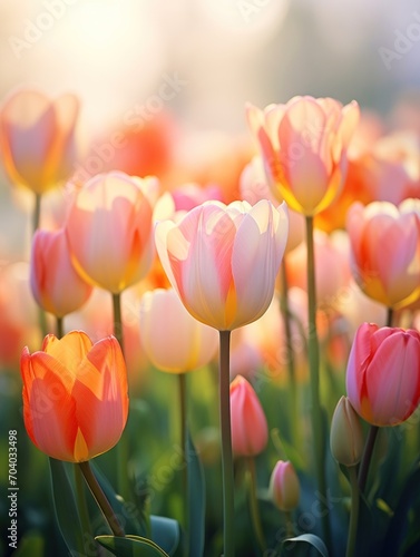  a field of pink and yellow tulips with the sun shining through the tulips on the other side of the tulips  in the foreground.