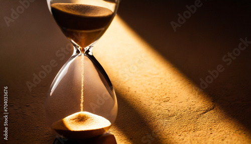 Elegant hourglass with flowing sand, symbolizing passing time and the concept of a timekeeper in a luxury setting. Stock photo
