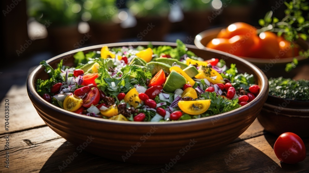 a bowl of salad sitting on a table next to a bowl of tomatoes and lettuce and a bowl of tomatoes and a bowl of tomatoes in the background. a bowl of salad sitting on a table next to a bowl of tomatoes and lettuce and a bowl of tomatoes and a bowl of tomatoes in the background.