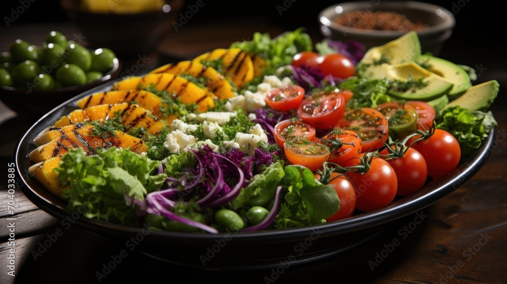 a plate of salad with tomatoes, lettuce, avocado, tomatoes, and cucumbers on a wooden table with other bowls of olives. a plate of salad with tomatoes, lettuce, avocado, tomatoes, and cucumbers on a wooden table with other bowls of olives.