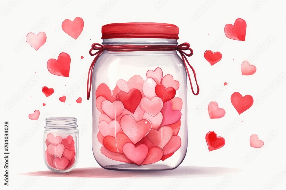 a jar filled with pink and red hearts next to a jar of red and pink hearts on a white background with hearts falling out of the jar to the side. a jar filled with pink and red hearts next to a jar of red and pink hearts on a white background with hearts falling out of the jar to the side.