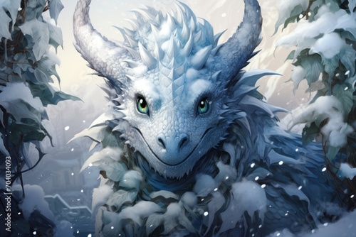  a painting of a white dragon with green eyes in a snowy forest with snow on the ground and trees and snow on the ground, and snow on the ground. photo