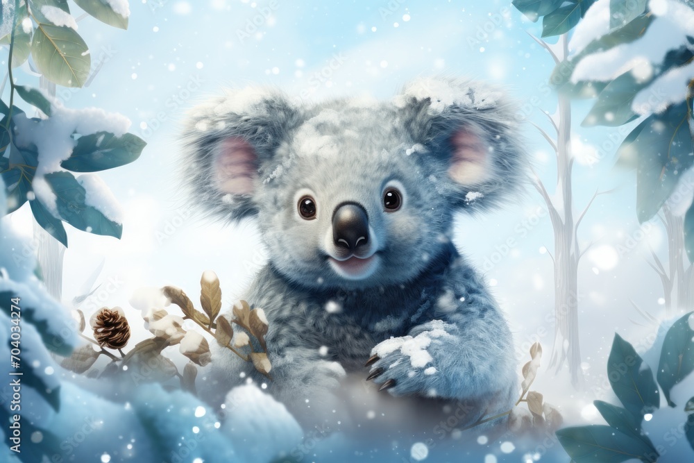 a digital painting of a koala bear sitting on a branch in a snowy forest with snow falling on the ground and a pine cone on the top of the branch. a digital painting of a koala bear sitting on a branch in a snowy forest with snow falling on the ground and a pine cone on the top of the branch.