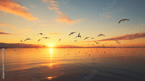 A flock of birds flying over a tranquil lake at sunset.