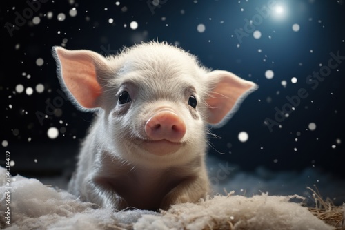  a small white pig sitting on top of a pile of fluffy white stuff in front of a dark background with snow flakes and a bright light shining on it. © Shanti