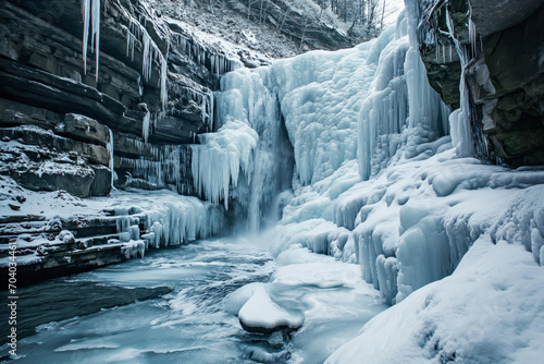 A frozen waterfall  capturing the crystalline beauty and serene tranquility of winter