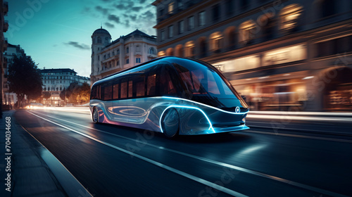 A futuristic electric bus alongside an advanced concept car on a sleek modern city street.