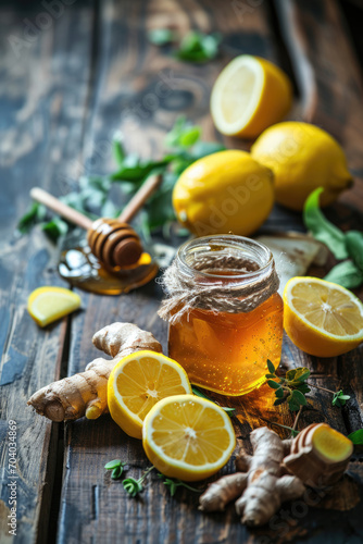 Honey with lemon and ginger and mint on a wooden table
