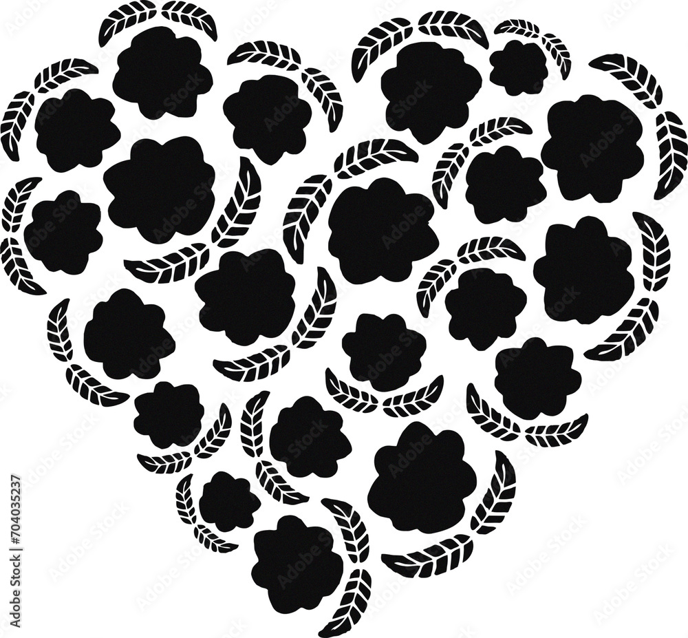 Fototapeta premium Black flowers, heart vector design with transparent background