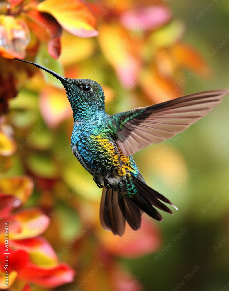 Fototapeta premium A close-up of a hummingbird flying near a flower.