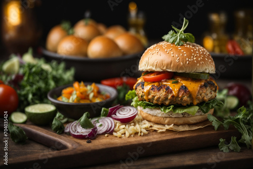 Burger with chicken and vegetables burger with chicken on a yellow background