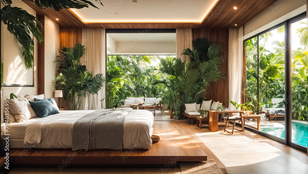 Bedroom with pool, tropical plants