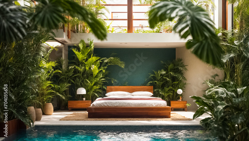 Bedroom with pool, tropical plants