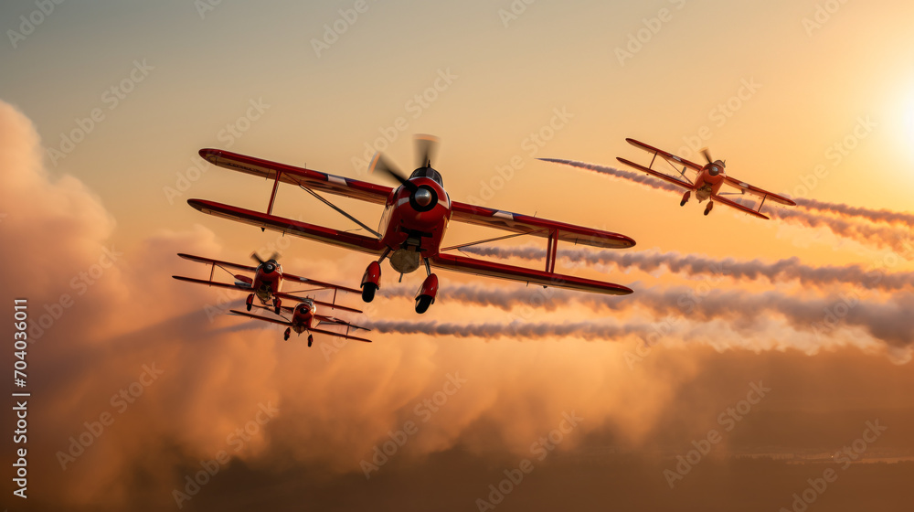 An aerobatics team performing synchronized stunts in the sky leaving trails of smoke. - obrazy, fototapety, plakaty 