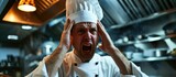 Frustrated chef man in desperate, stressed state.