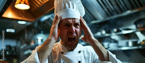 Frustrated chef man in desperate, stressed state.