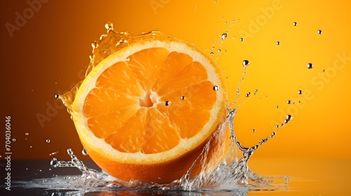 fresh orange with water splash isolated on light color background with copy space