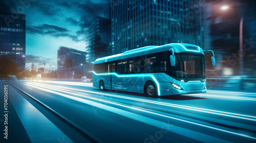 An all-electric city bus and a solar-powered car on a high-tech urban road representing energy innovation. © Damian