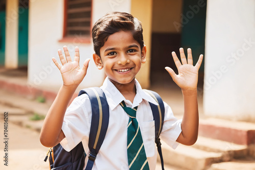 Portrait of a happy Indian little boy in school uniform with backpack waving both hands to the camera with a smile. photo