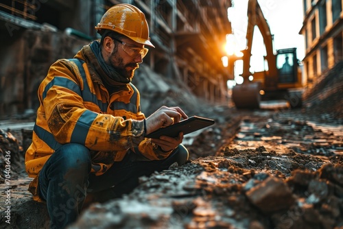 On a sunny construction site, a male civil engineer wearing protective goggles inspects building progress using a tablet