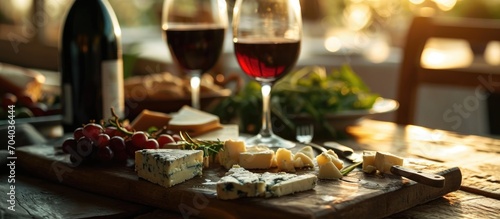 Wine and cheese placed on the table.