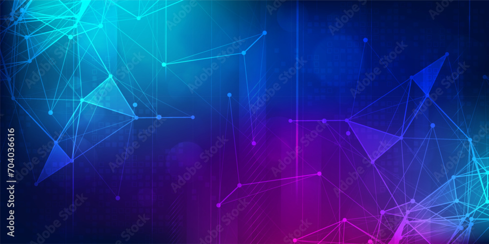 Digital technology futuristic internet network connection blue purple background, abstract cyber information communication, Ai big data science, innovation future tech, line dot illustration vector