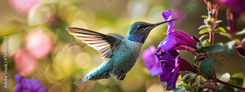 A close-up of a hummingbird flying near a flower.