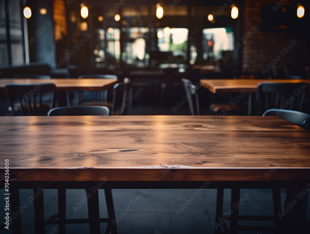 Rustic wooden table in a modern restaurant with blurred background