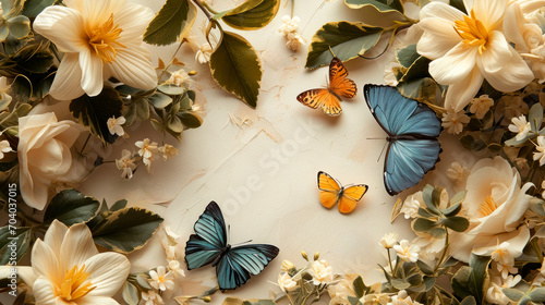 greenery and butterflies in the form of a frame on a light background with space for text