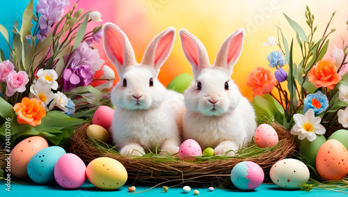 White cute easter bunnies sitting in a nest with colorful easter eggs and spring flowers