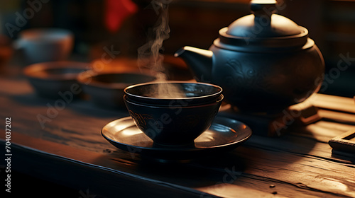 Close-up of brewing Chinese tea in a ceramic gaiwan during a tea ceremony