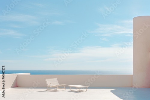Minimalist outdoor furniture on a rooftop with an ocean view