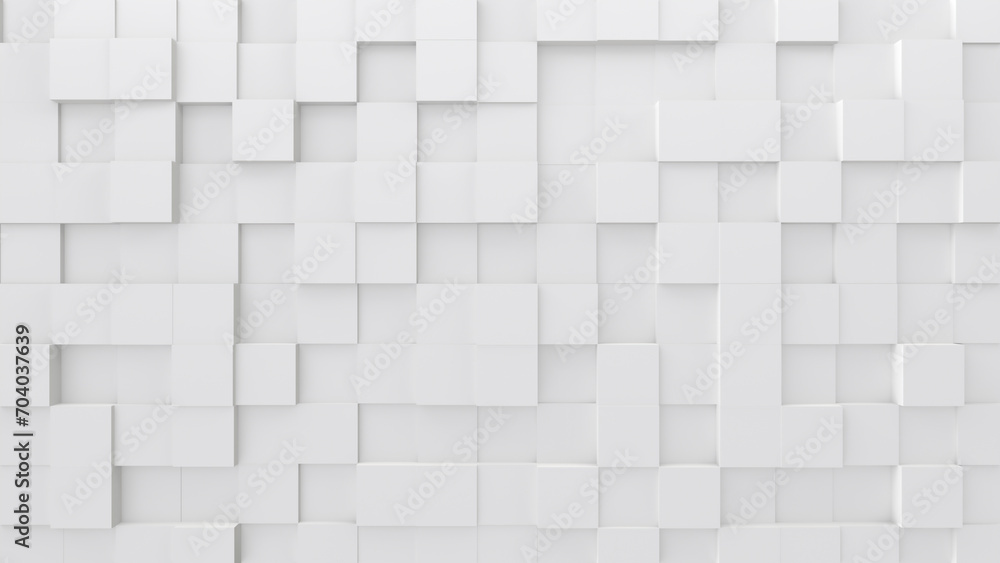 Wall background consisting of randomly positioned white cubes. 3D render. - obrazy, fototapety, plakaty 