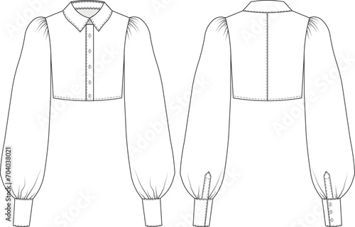 balloon long sleeve crop blouse shirt template technical drawing flat sketch cad mockup fashion woman design style model denim jean