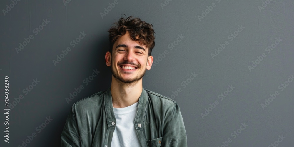 Fototapeta premium Smiling Young Man in Casual Green Jacket Against Grey Background