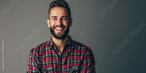 Friendly Young Man Smiling in a Red Plaid Shirt, Grey Background