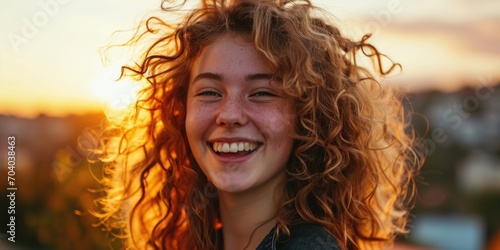 Carefree Young Woman with Curly Hair Enjoying Sunset, Natural Backlight © romanets_v