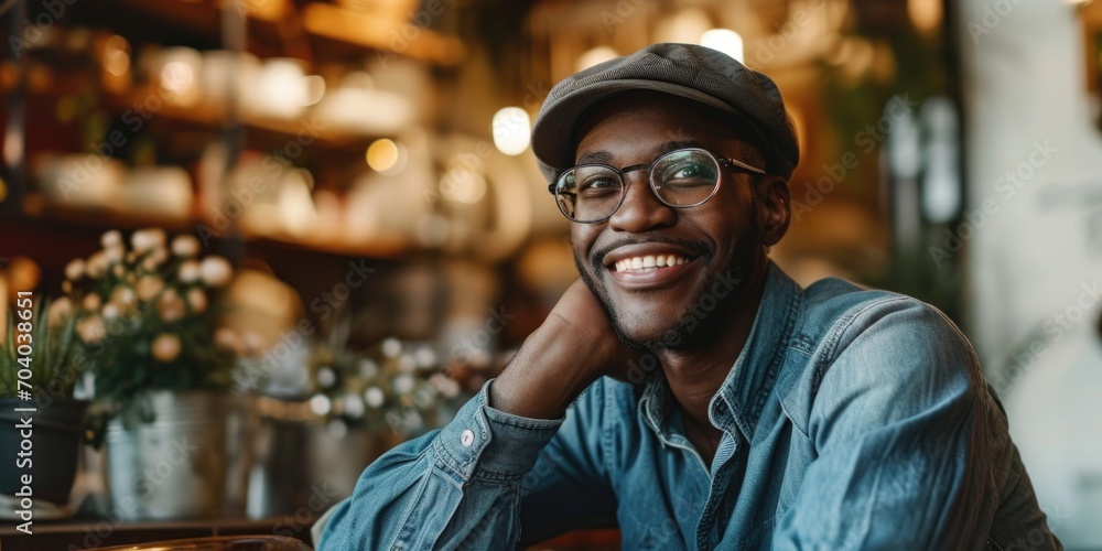 Cheerful Young Man with Cap and Glasses Enjoying a Moment in a Cafe Cheerful Young Man with Cap and Glasses Enjoying a Moment in a Cafe