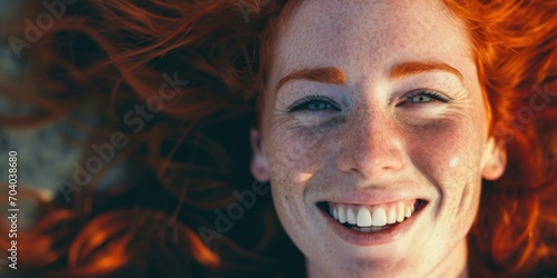 Serene Red-Haired Woman with Freckles Lying Down, Gently Smiling at the Camera with Sunset Light