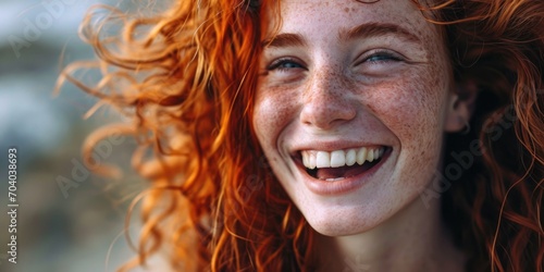 Free-Spirited Red-Haired Woman Laughing, with Wind in Her Vivid Curly Hair Against Blurred Background