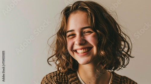 Young Woman with Bobbed Curly Hair Laughing Heartily Against a Neutral Background