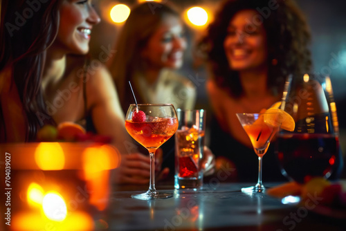 Socializing with Manhattans, a vibrant scene capturing a group of friends enjoying Manhattan cocktails at a stylish bar or lounge. photo